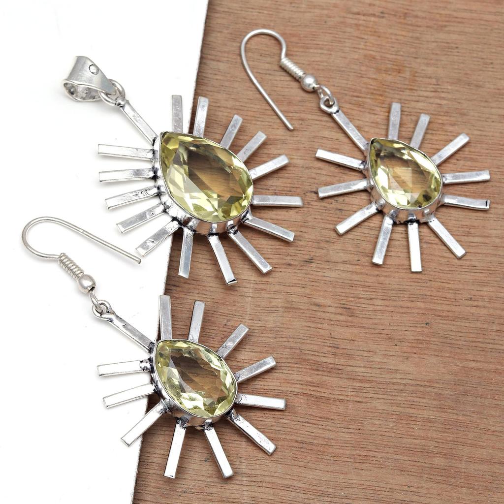 Lemon Topaz Gemstone Mother's Day Jewelry Pendant Earring Set