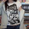Custom Anime Print T-shirt with Straight Shoulders Short Sleeves and A Round Neck Fitted Cropped Top for Young Women