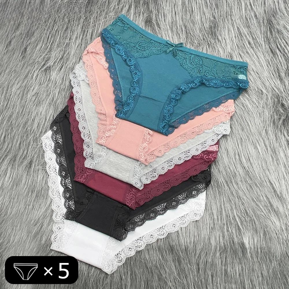 Moonflame 5 Pcs Underwear Girls Low Rise Cotton Briefs Sexy Lace Women's Panties