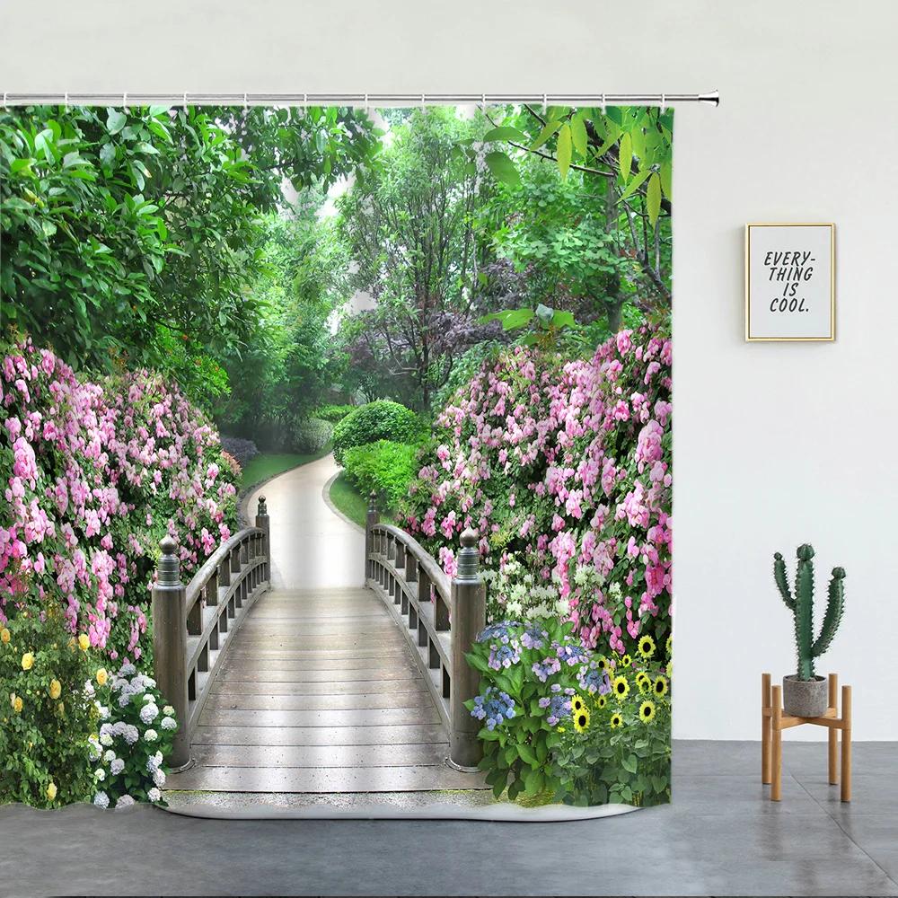 Forest Waterfall Landscape Shower Curtains Tropical Rainforest Green Bamboo Mountain Printed Fabric Luxury Bathroom Decor Hooks