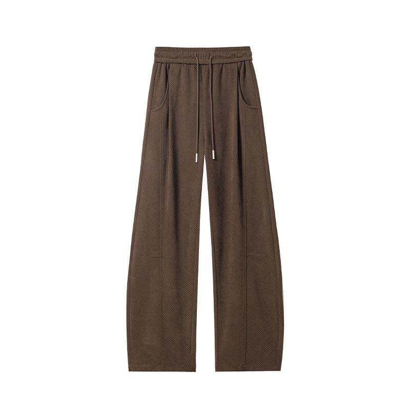 Mens Drawstring Curved Sweatpants Loose Wide Leg Thickened Casual Long Trousers