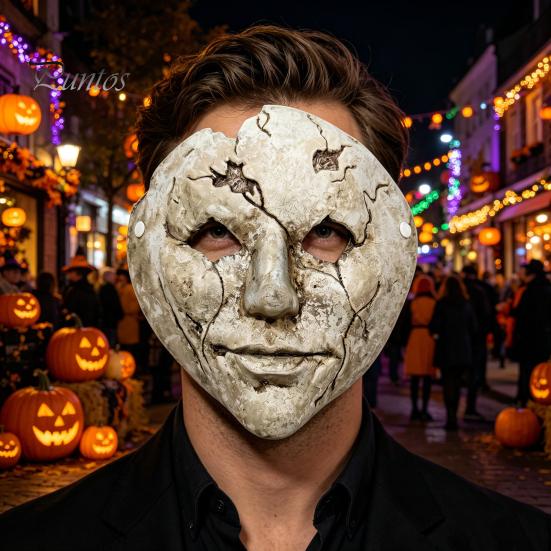Transparent Eye Hole Mask Halloween Horror Cracked Face Mask, Breathable Lightweight Foam Retro Old Style with Adjustable Strap Scary Props,