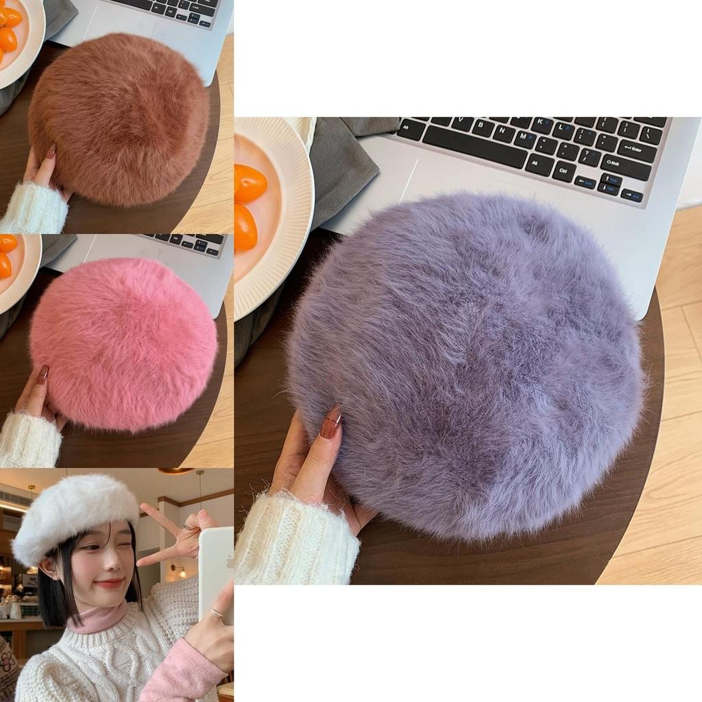 Elegant White Rabbit Fur Beret For Women Cozy Winter Hat Fashionable Painter Cap