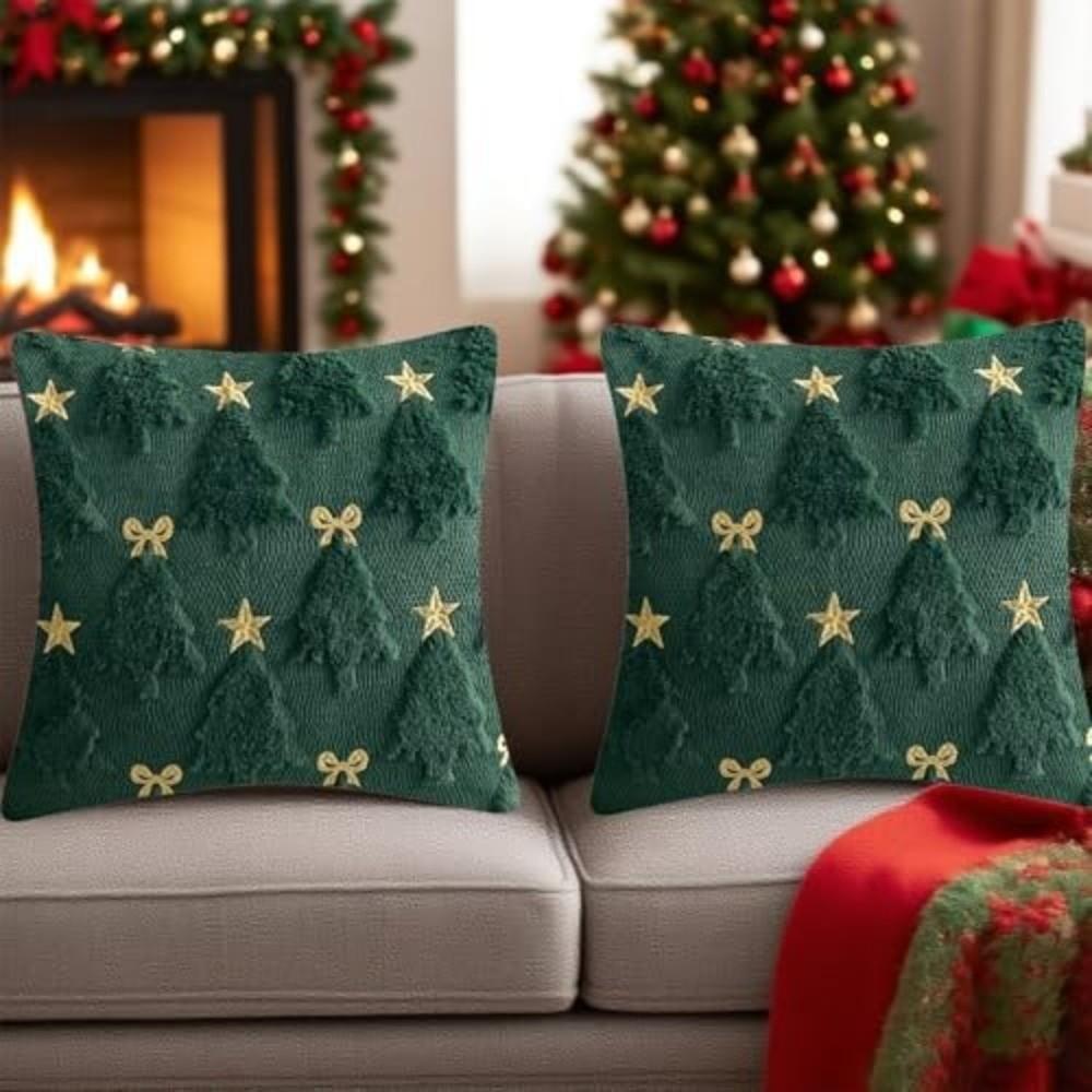 1PC Short Christmas Pillow Cover Soft Comfortable Xmas Tree Pillowcase Embroidered Bowknot Five-pointed Star Cushion Slipcover