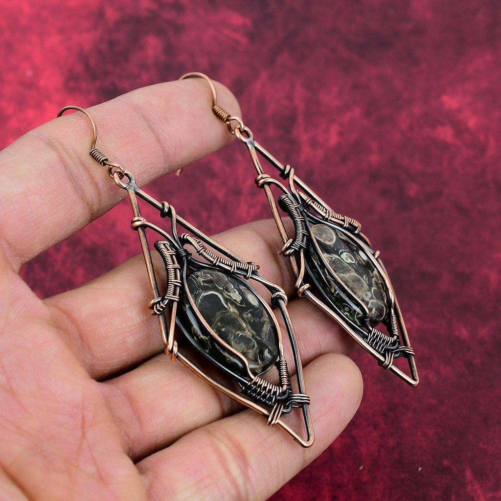 Turritella-Achat Ohrring Kupferdraht umwickelt Edelstein Schmuck Handgemachter Ohrring Kupferdraht-Wicklung Ohrring Geschenke für Mama Designer Schmuck