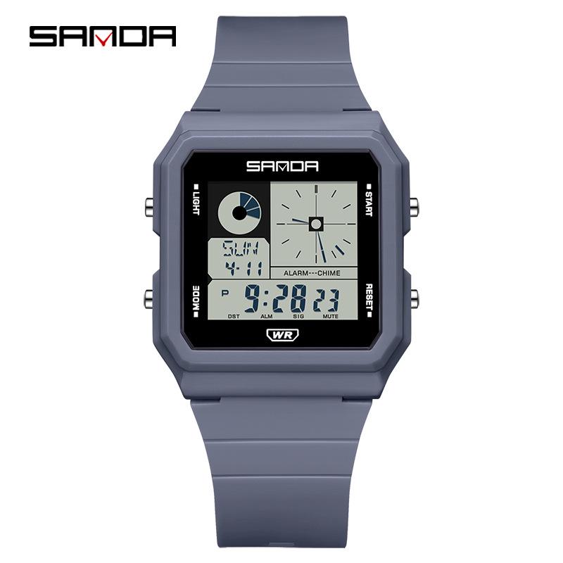 Мужские многофункциональные квадратные спортивные часы Sanda - Водонепроницаемые 50M, Хронограф, Секундомер, Большой экран