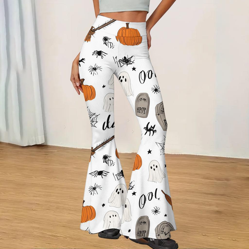 Women's Halloween Print Flared Yoga Pants High Waist Stretch Casual Fitness Leggings with Pumpkin and Spiderweb Design
