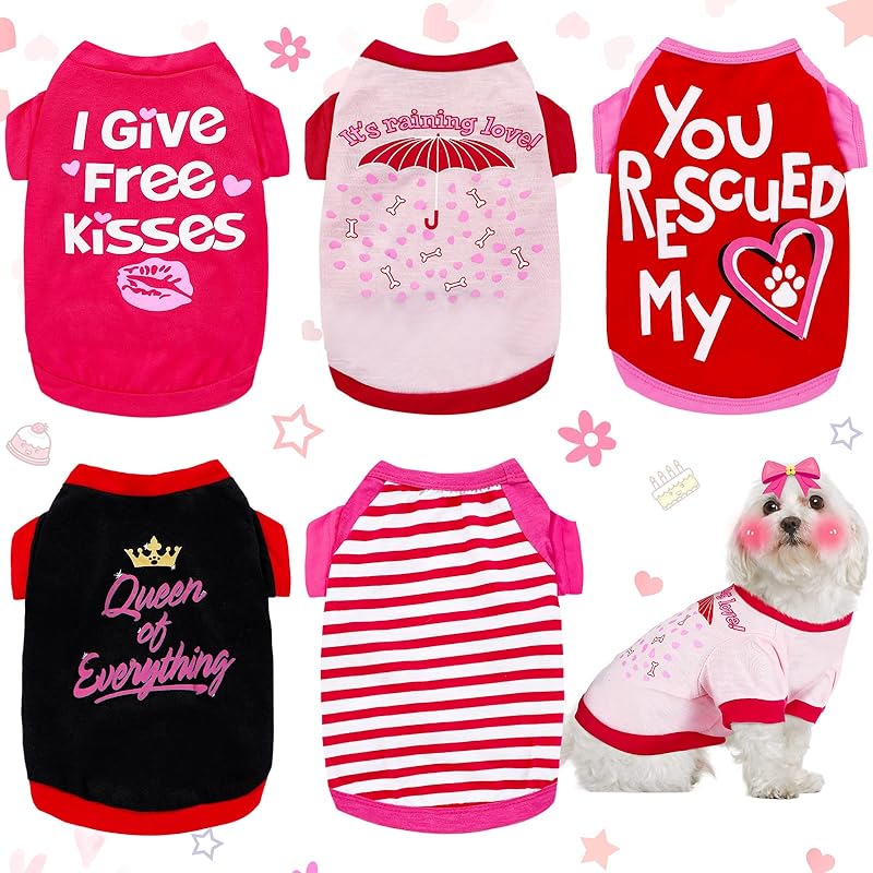 Weewooday 5-Piece Small Dog Girl Shirts - Heart Pajamas for Chihuahua, Yorkie, Bulldog & Schnauzer - Breathable Cotton Shirts (Small)