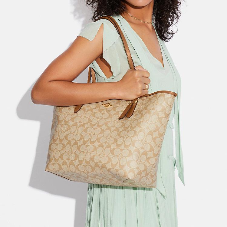 New COACH City Coated Canvas With Leather Tote Bag Shopping Bag Shoulder Bag Handbag Women's Milk Tea Beige 5696-IMNLJ