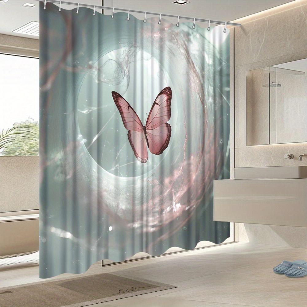 Butterfly & Floral Shower Curtain - Vibrant Pink Design, Fade-Resistant Polyester, Perfect For All Seasons Bath Decor