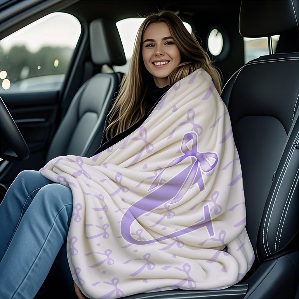 Soft Purple Bow Print Letter U to Z Blanket Warm Cozy Portable Flannel Blanket for Home Camping Travel Gift for Girls Boys