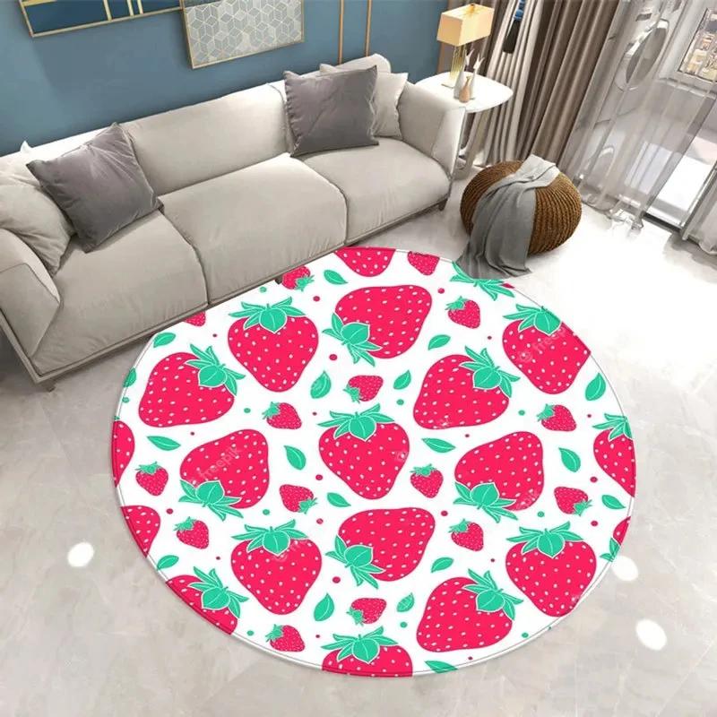 Fruit Strawberry Leaf Area Rug Round Carpet for Office Laundry Study Living Room Bedroom Circle Throw Rugs Non-Slip Floor Mat