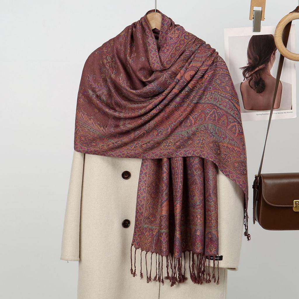 Eleganter Damen-Kaschmirschal mit Quasten: Klassischer Ethno-Stil Bestickter Schal für Ausflüge