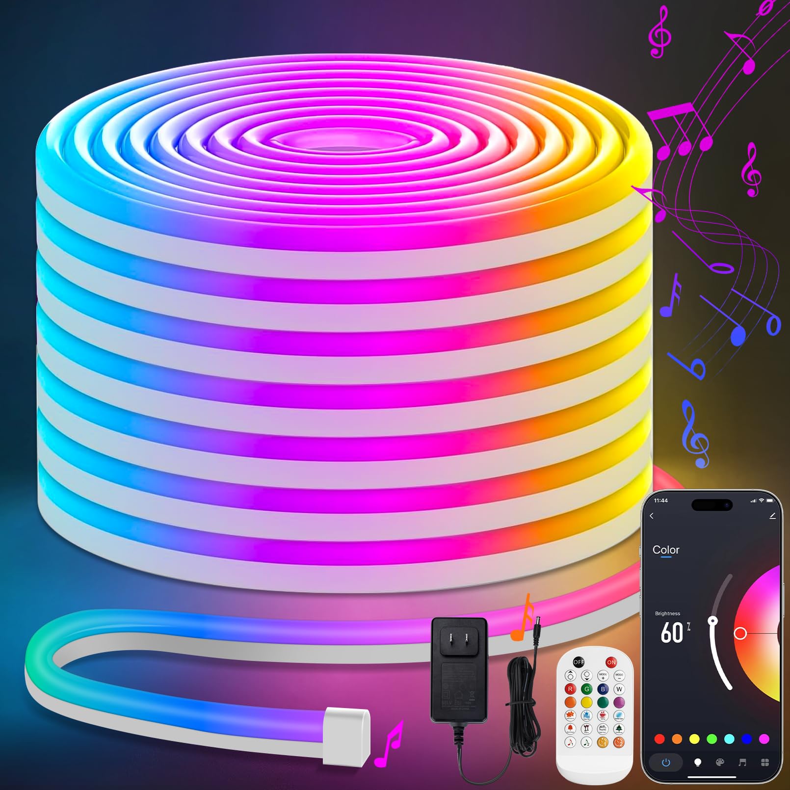 

Lamomo RGB LED Strip Light, 20M Dimmable and Color-Changing, Tube Lighting, IP65 Waterproof, High Brightness, Cuttable, Neon Light, Bluetooth App &