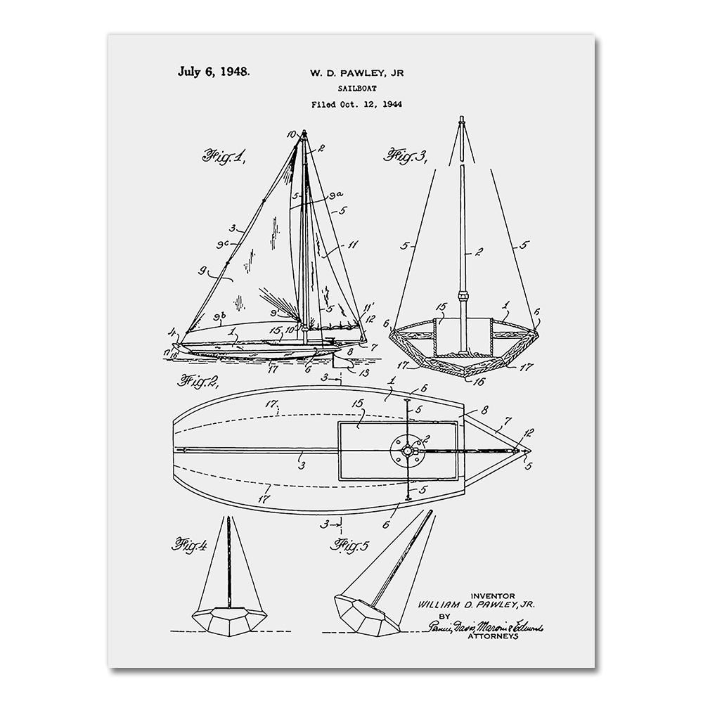 Sailboat Patent Print Vintage Poster Sailor Gifts , Yacht Anchor Ship Wheel Sailing Blueprint Nautical Wall Art Canvas Painting