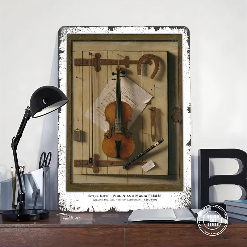 Geige und Musik Stillleben Blechschild Poster Personalisierte Wandkunst Retro Vintage Metallschilder für Man Cave Mancave Dekoration Raum