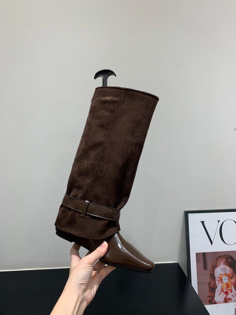 Inner Height Increasing Suede Pants Boots Long Knight Boots Women's Boots Autumn and Winter Square Head Skinny Pile Boots Long Boots