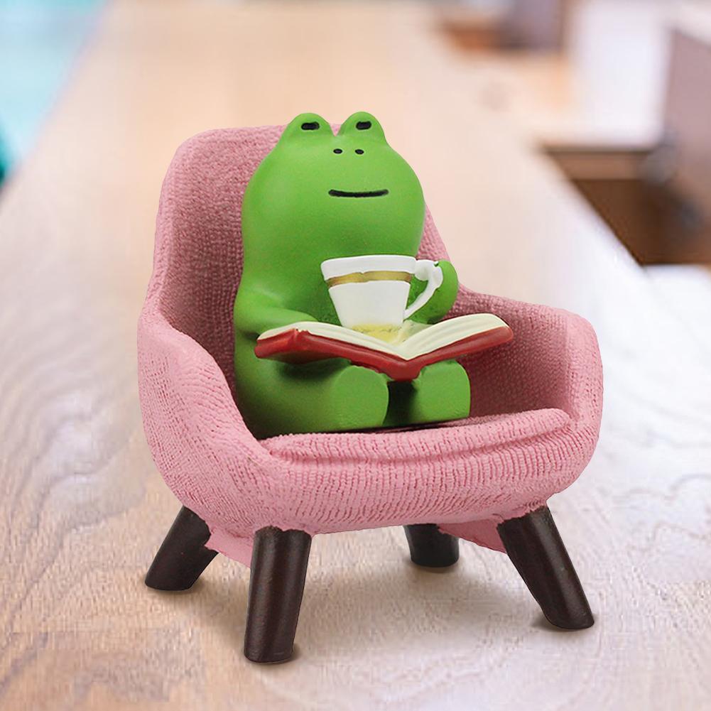Drinking Coffee Frog Micro Landscape Resin Funny Frog Reading Sculpture Miniature Frog Read Book Figurines Gift for Frog Lovers