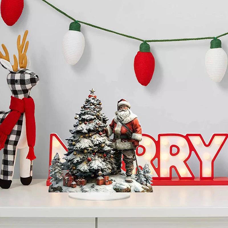 1pcs Christmas Reindeer Sleigh Santa Figurine 2D Acrylic Christmas Santa Claus On Sleigh Decoration Holiday Party Supplies