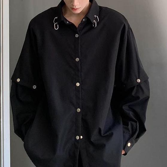 Men's Trendy Black Padded Shoulder Detachable Long Sleeve Shirt - Stylish, Rebellious Streetwear for Hairstylists.
