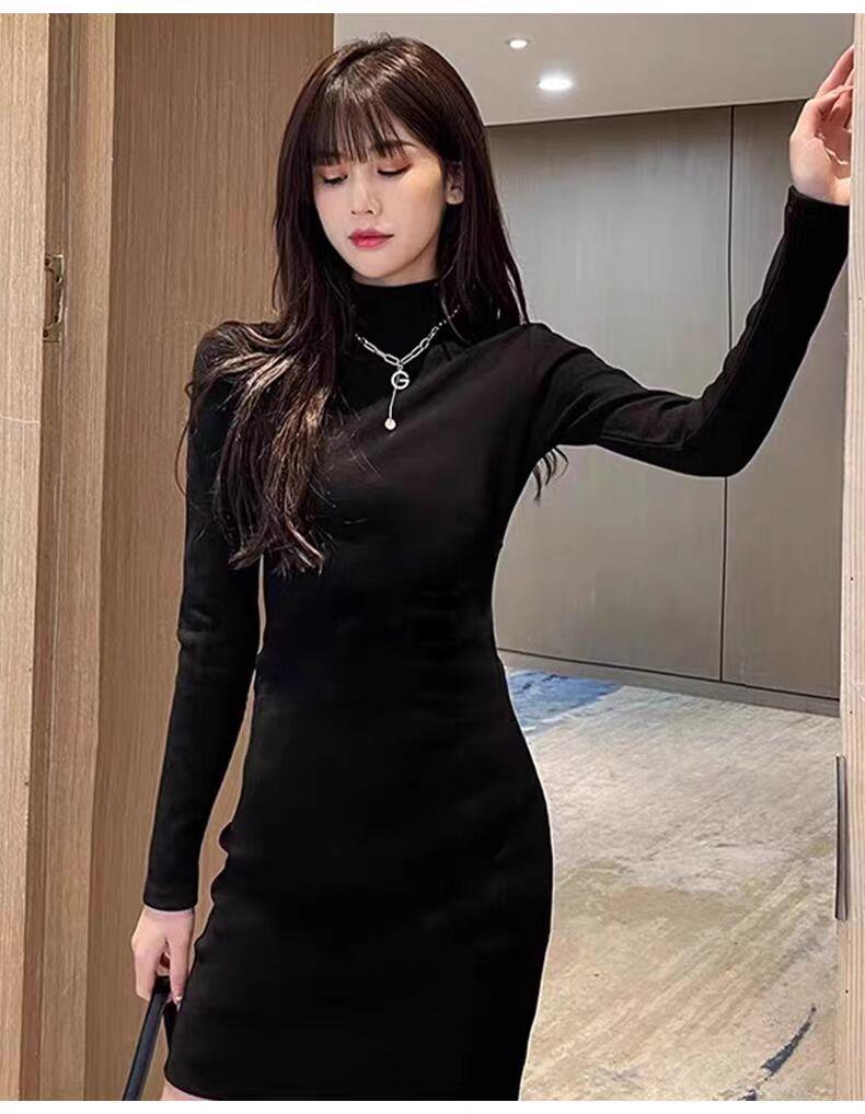 Petite Korean Style Black Spicy Girl Mid-Length Velvet Hip-Hugging Autumn/Winter Skirt Dress