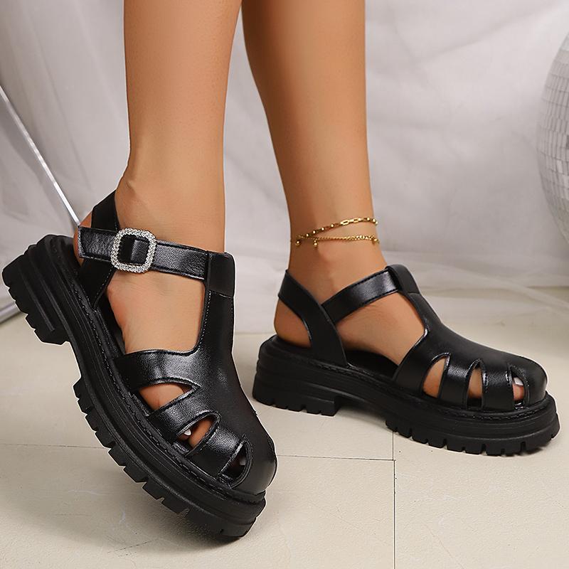 Fashion Black Pu Leather Thick Bottom Rome Sandals Women Summer Closed Toe Platform Sandles Woman Fashion Non Slip Beach Sandalias Mujer