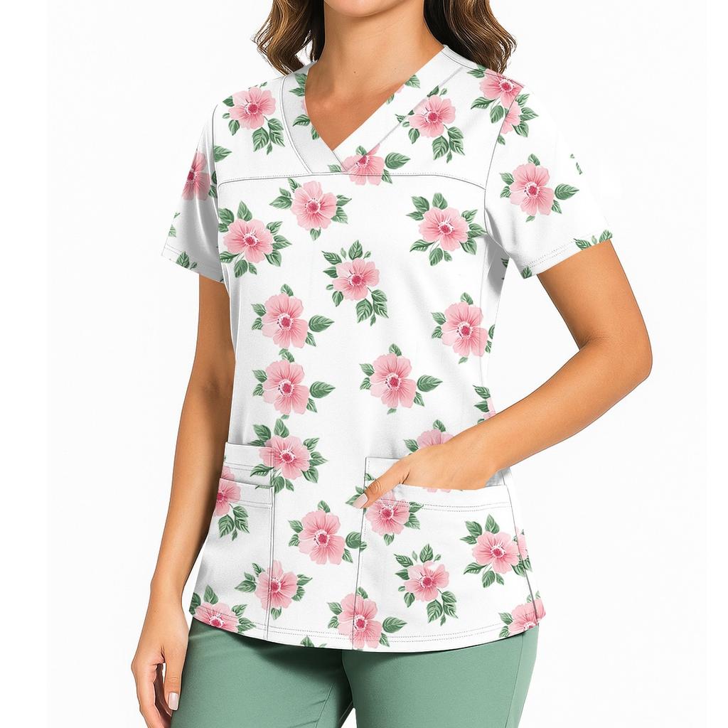 Women's Casual Printed V-Neck Pocket Side Slit Short Sleeved Top Short Sleeved Top