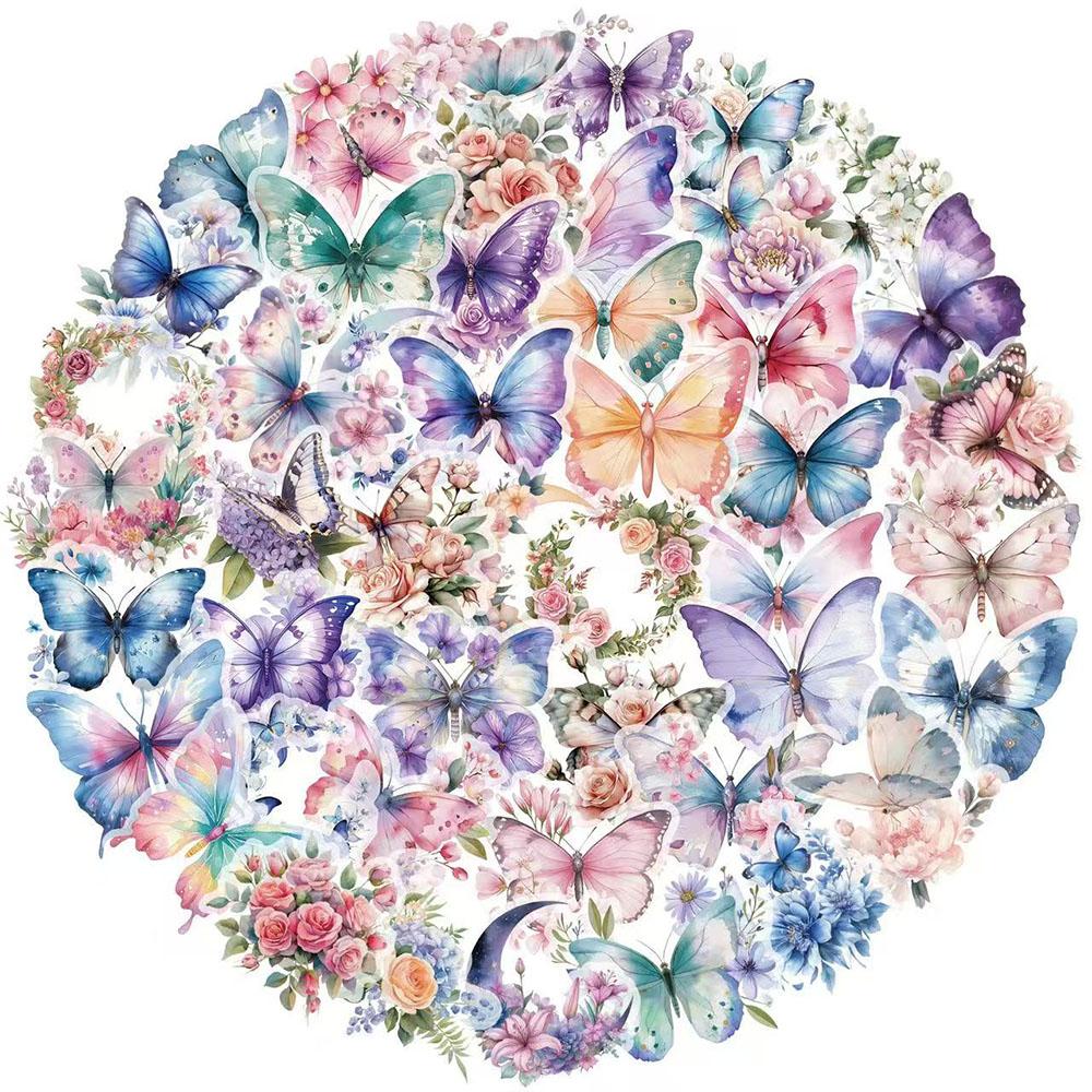 50PCS Butterfly Stickers Packaging Transparent PET Brochure Flower Material Decoration Tablet Laptop Waterproof Stickers 50PCS