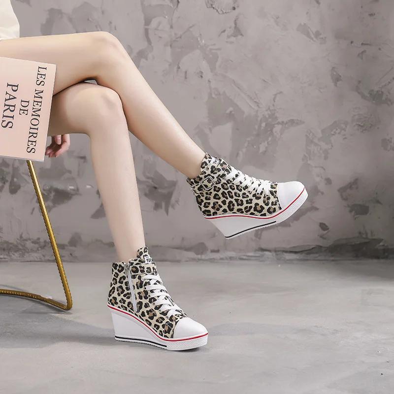 Fashion 8CM AutumnTop Quality Women Canvas Wedges Shoes High Top Pumps Casual Shoes Female Height Increasing Platform Women Canvas Shoes