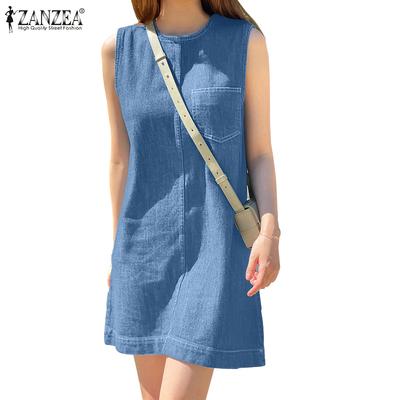 Abito casual da donna senza maniche con scollo a O, in denim blu estivo