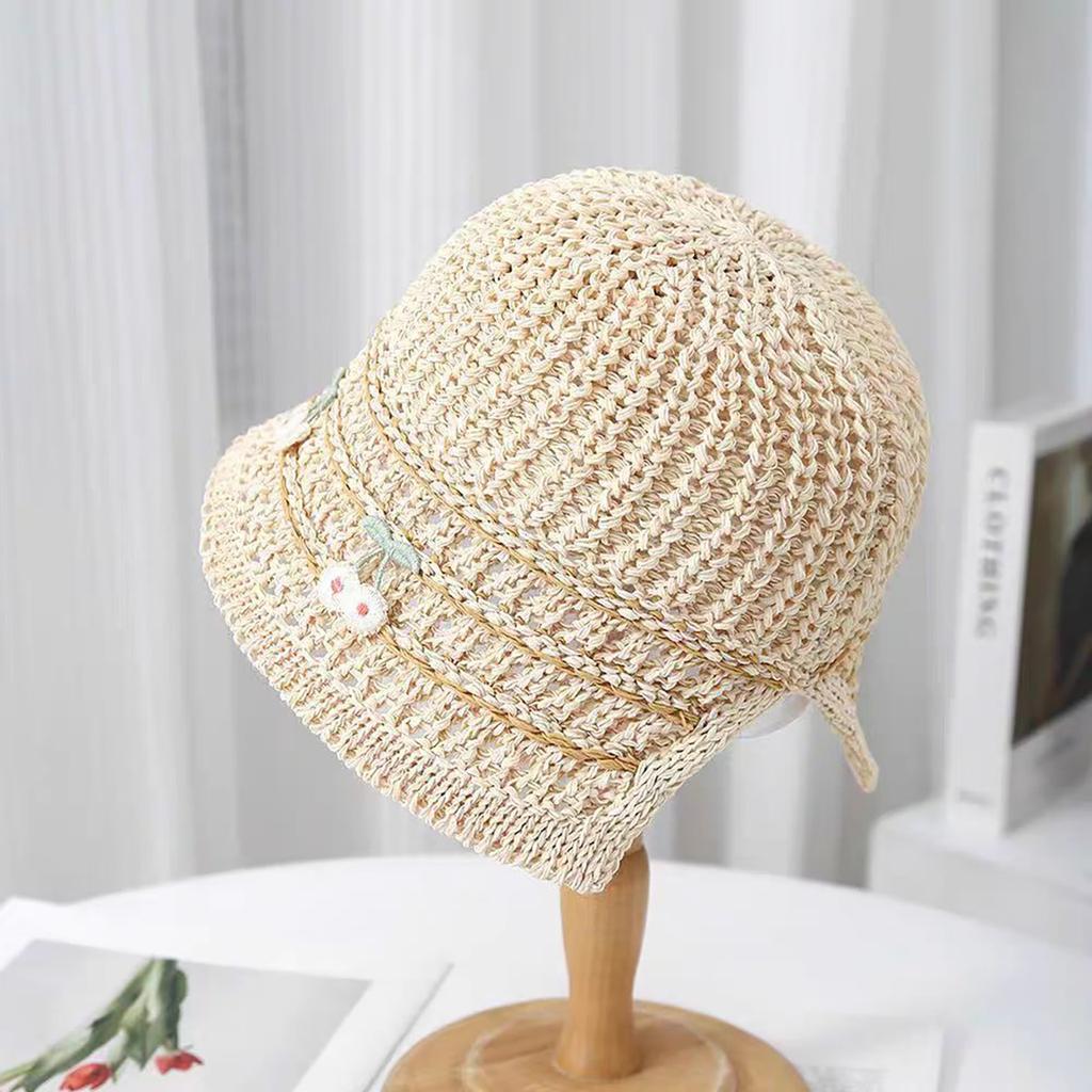 Summer Women Straw Bucket Hat Cute Cherry Breathable Panama Fisherman Hats Outdoor Travel Beach Female Sunscreen Cap