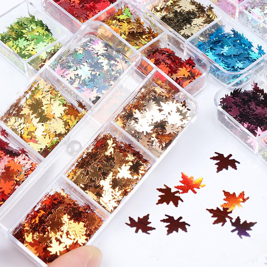 Metallic Maple Leaf Sequins Small 6 Grid Boxed Laser Color Leaves 2021 Fall Christmas Thanksgiving Nail Sequins 6 Grids