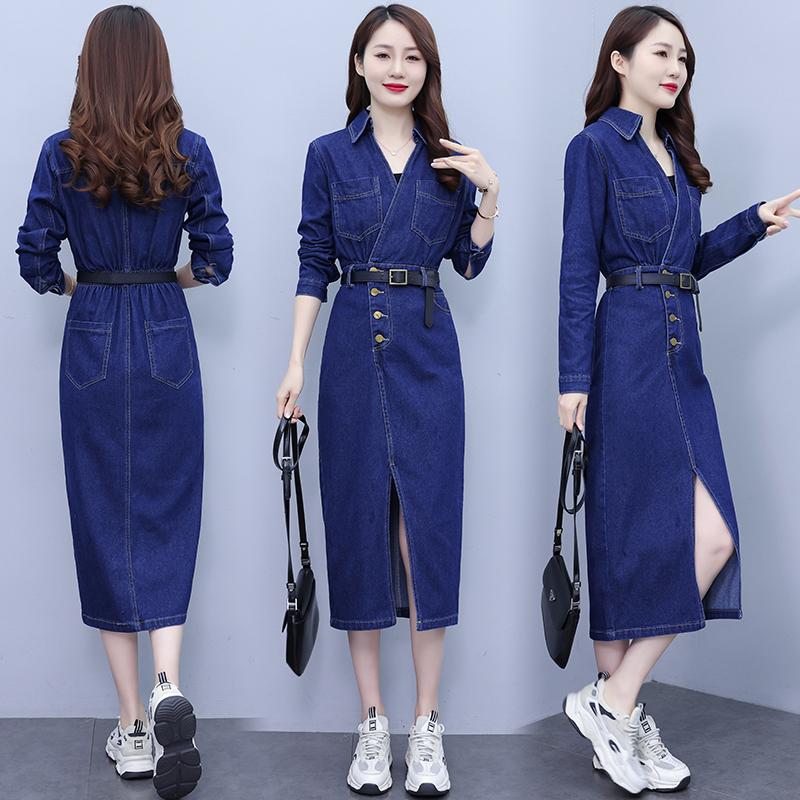 

Платья, джинсовое платье, осенние длинные рукава, V-образный вырез, пояс, S-3XL