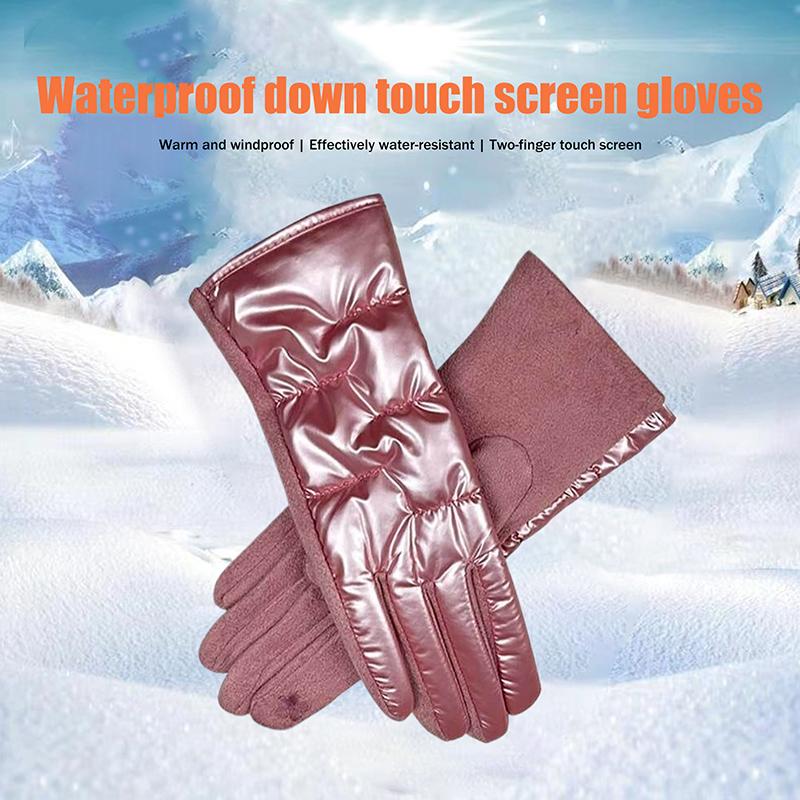 Women Winter Fashion Waterproof Touch Screen Down Cloth Suede Splicing Elastic Driving Gloves