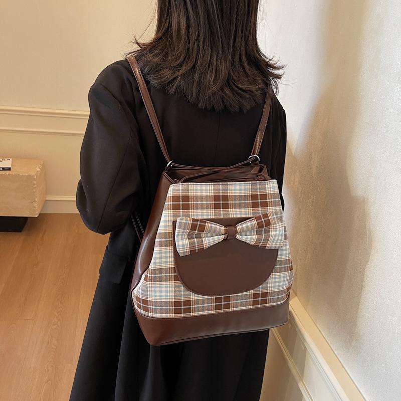 Premium Sense Large Capacity Backpack Bag Women'S Fashion Plaid Shoulder Bag Bow Cute Tote Bag