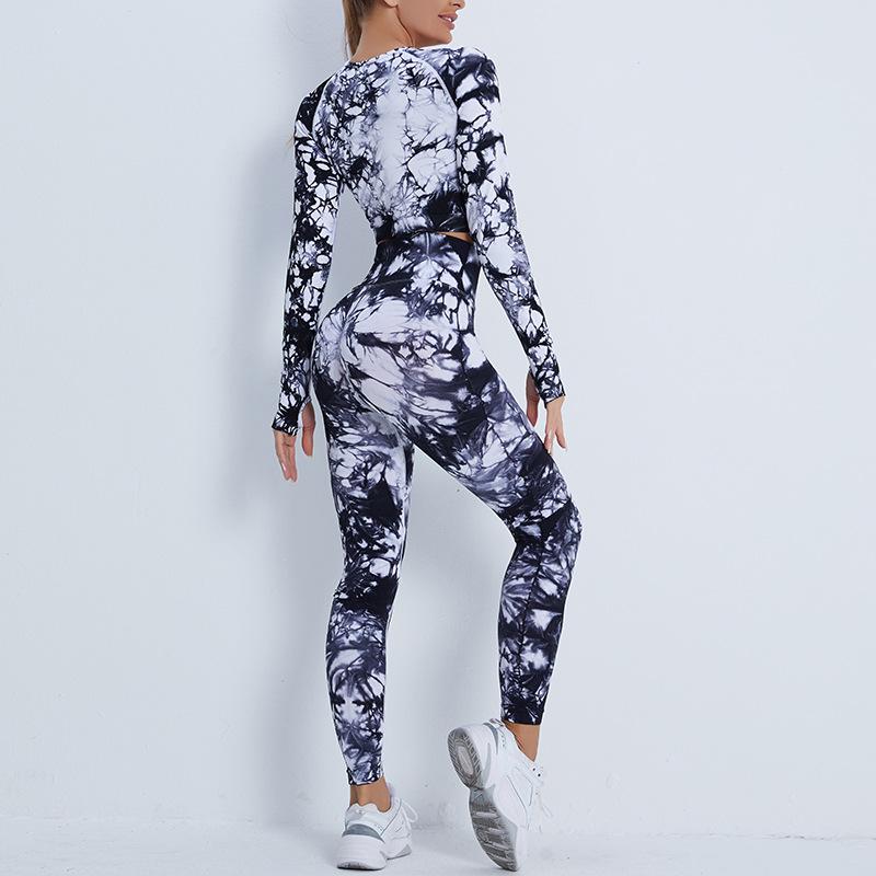 Naadloze tie-dye yogaset voor dames: Broek met hoge taille en heuplift en top met lange mouwen