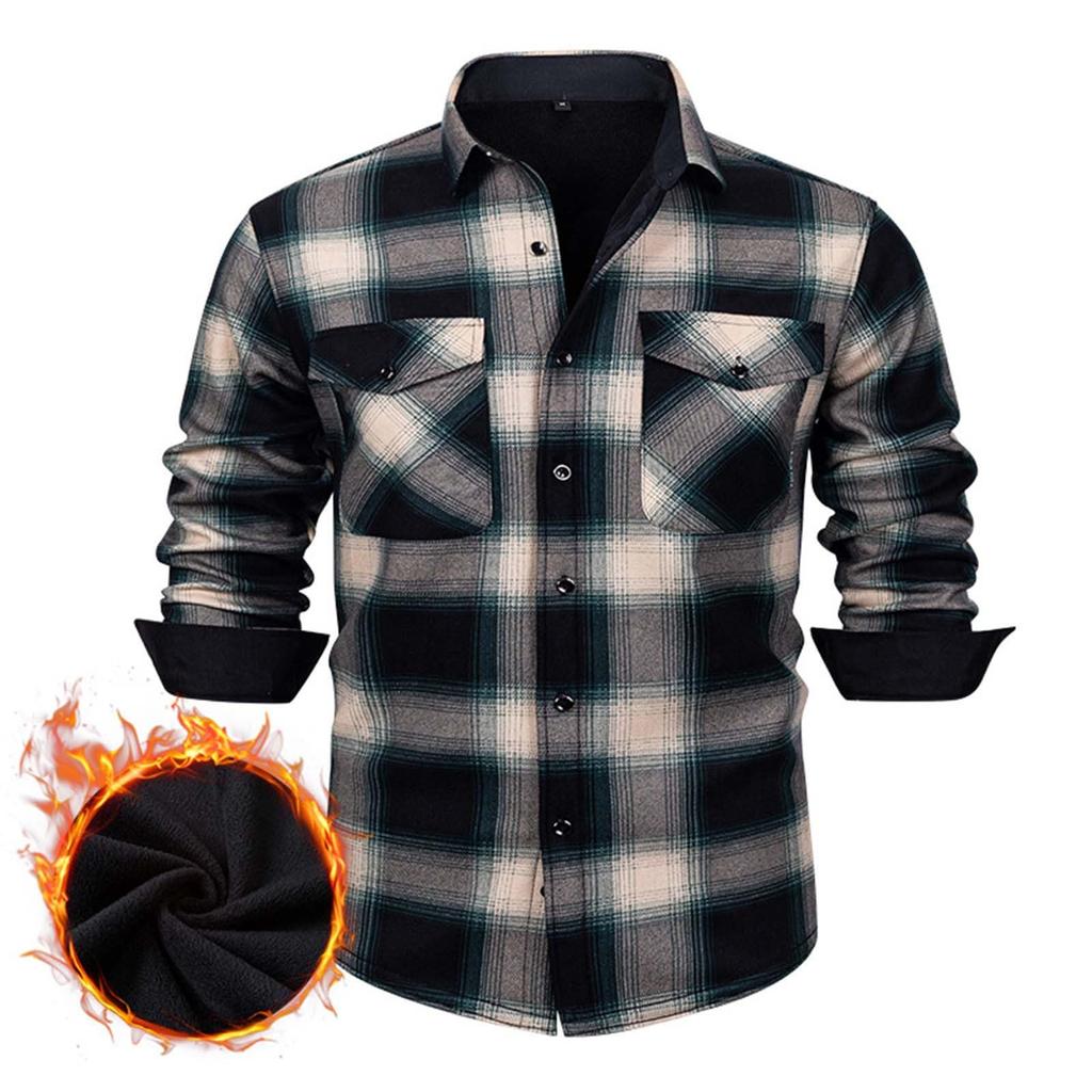 Men's Casual And Trendy Checked Button Cardigan, Men's Lapel Long-sleeved Inner Fleece Warm Coat