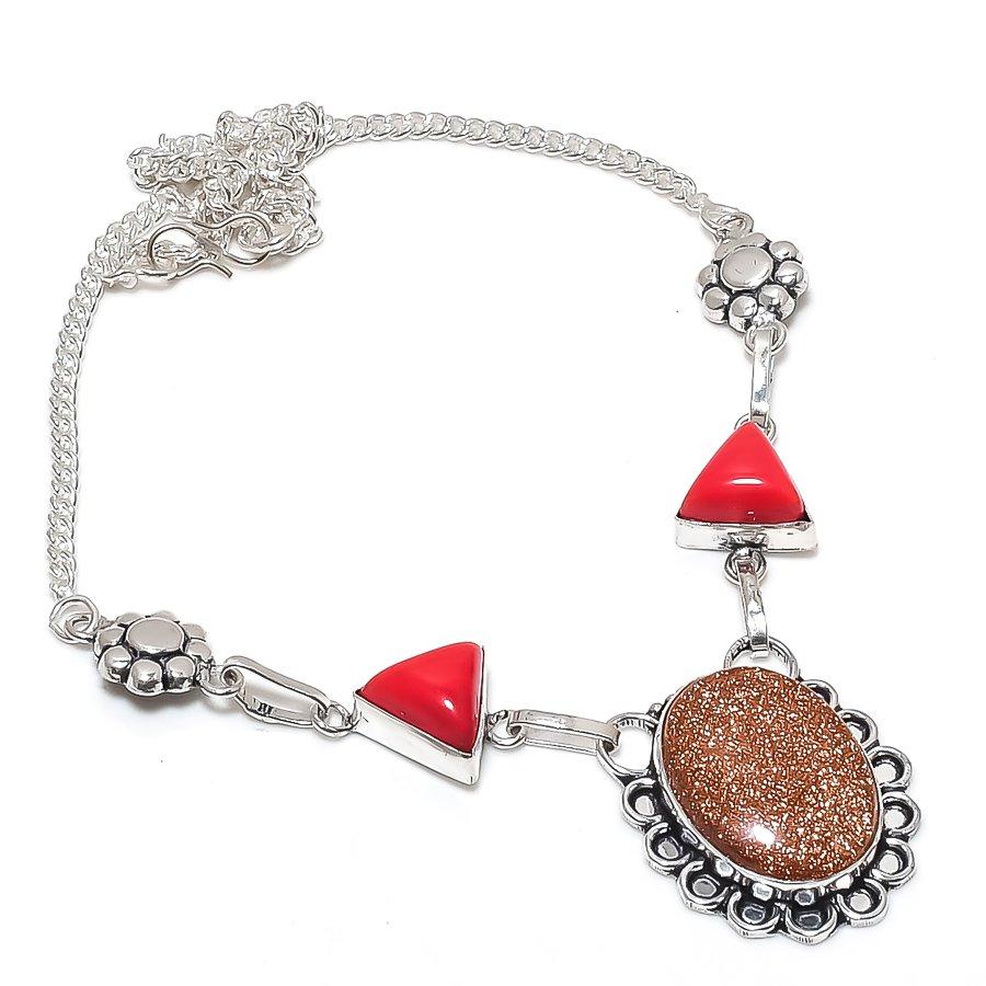 Natural Red Sunstone, Coral 925 Sterling Silver Jewelry Necklace 18" F4n30