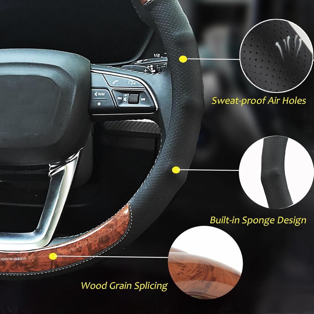 Wood Grain Steering Wheel Cover Car Steering Wheel Covers 14.5-15 Inch With Coasters Microfiber Leather Splicing Breathable Anti-Slip Durable