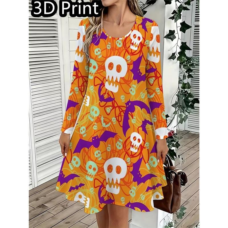 Spring Autumn Women Dress Casual Long Sleeve O-neck 3D Print Loose A-Line Dress Oversized Home Wear Robe