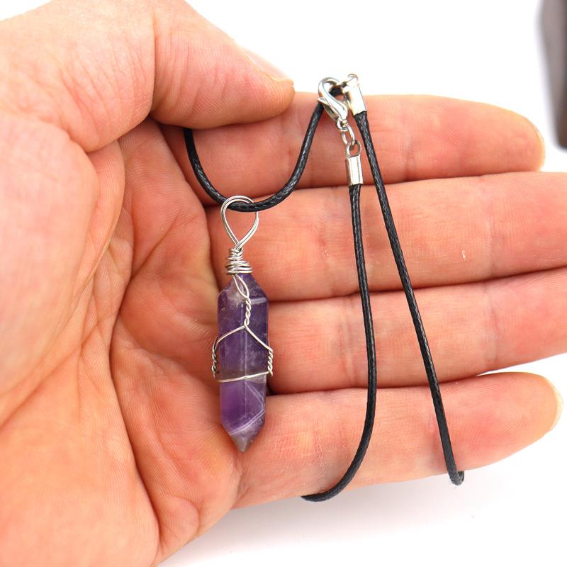 Hand-Wound Natural Stone Crystal Hexagonal Column Pendant Necklace N538 Geometric Beauty