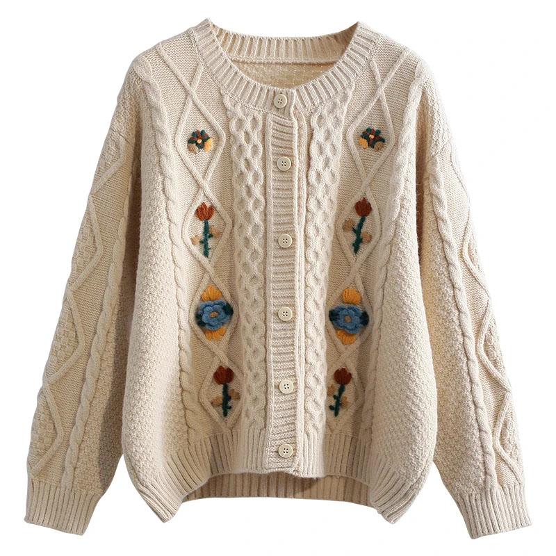 Gensere Kåpe Cardigan for Kvinner Høst Vinter Broderi Vintage Løs Langermet Fortykket Cardigan Gensere Kåpe