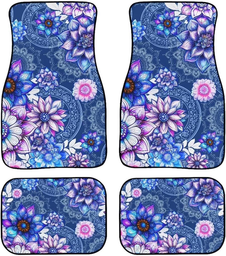 Universal Fit Auto Carpet Floor Mats Set of 4 for Women Girls Decorative Boho Floral Print Car Floor Mats Front & Rear Liners Set