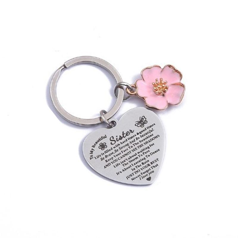 1pc Peach Heart Engraved Stainless Steel Keychain Bag Car Key Pendant Flower Key Ring Accessories