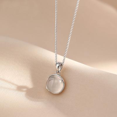 S925 Sterling Silver White Chalcedony Necklace Female Pendant Trendy Summer High-Grade Light Luxury Minority Clavicle Chain