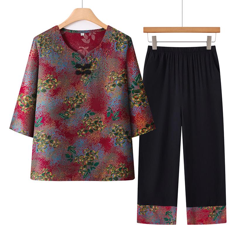 Lightweight Summer Cotton Silk Suit for Women 60+ - Grandma s Casual Home Wear 2XL (100-115 jin)