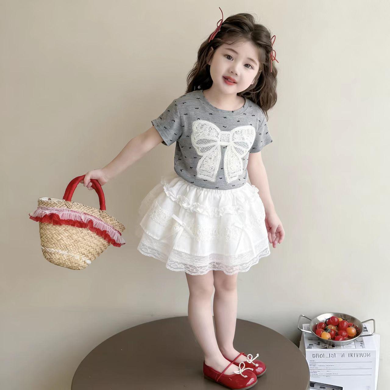 Girls Summer Princess Short Sleeve Set Baby Bow Tiered Skirt Two Piece Outfit 80