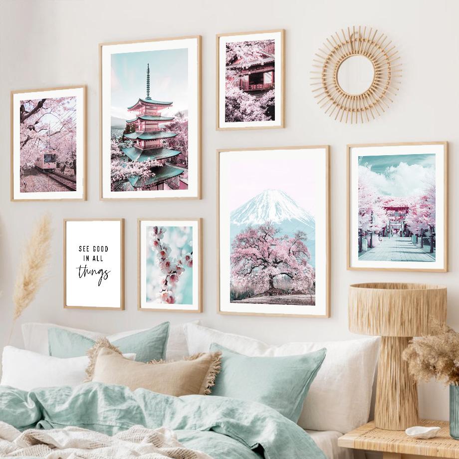 Mount Fuji Pink Sakura Japonská krajina Nástěnné umění Malba na plátno Severské plakáty a obrazy Nástěnné obrazy pro výzdobu obývacího pokoje