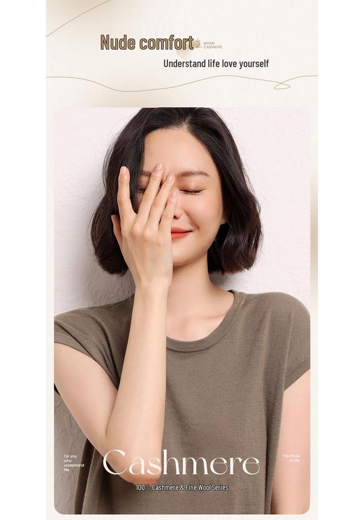 High-Quality Women's Cashmere Round Neck Short Sleeve Sweater for Autumn/Winter - Simple, Loose, and Versatile.