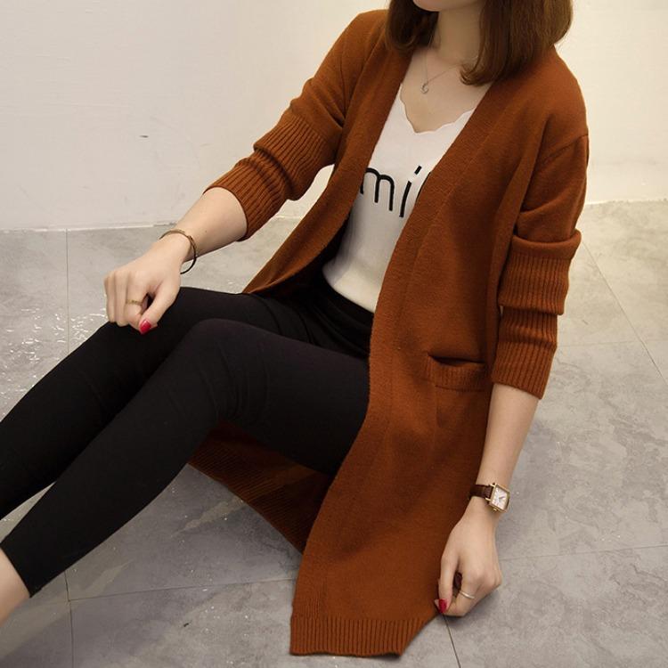 

Вязаный кардиган средней длины, женский корейский свободный свитер, ленивый стиль, однотонный свитер с длинными рукавами, куртка для осени и зимы XL коричневый